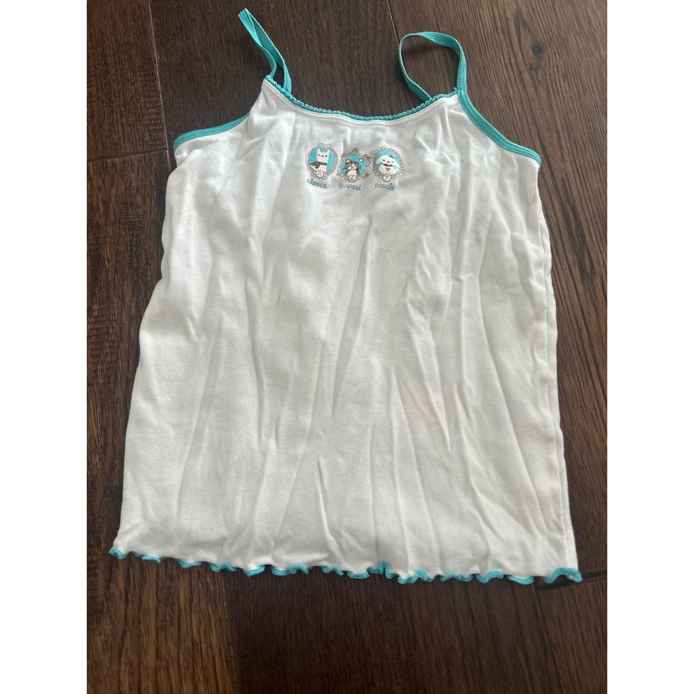 Gymboree Girls White Cotton Camisole Tank Top Teal Trim Animal Graphic Size 7-8